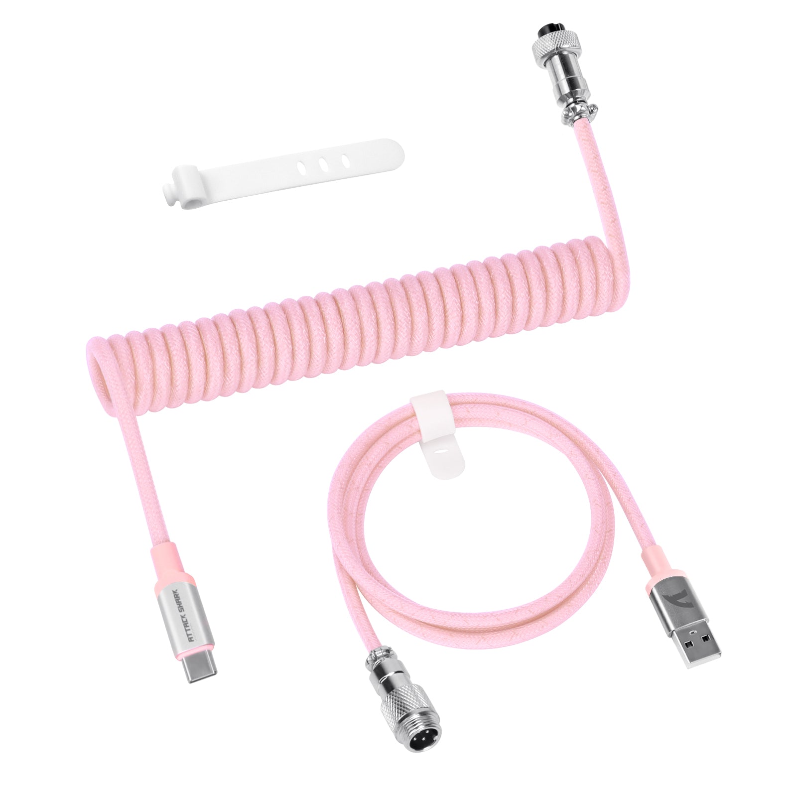 Pink coiled USB-C keyboard cable with metal aviator connector and straight cable.