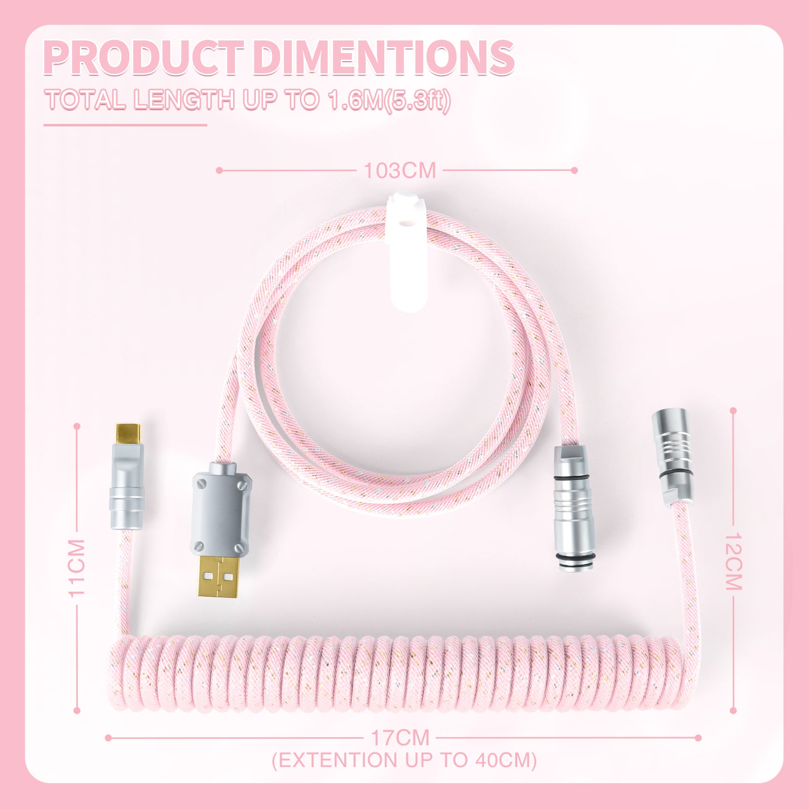 Pink coiled USB cable dimensions with detachable connectors, total length 1.6m.